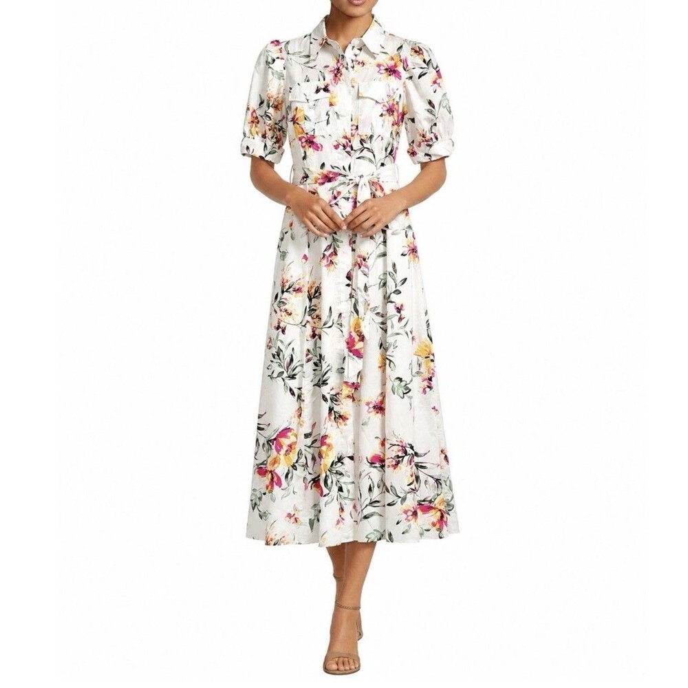 Calvin Klein Midi Shirt Dress Size 8 Cotton Floral Garden Tie Belt Puff Sleeves